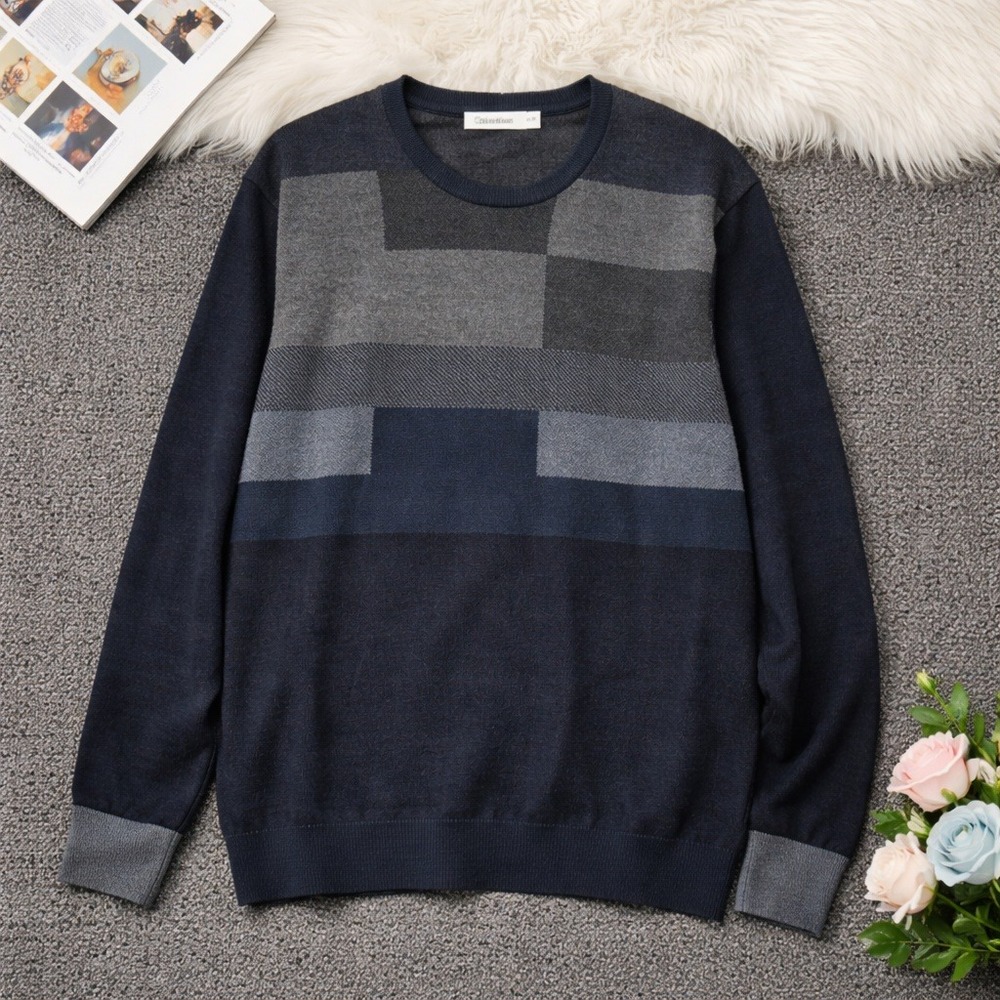 Calvin Klein Mens XL Merino Wool Blend VintGe Y2K Colorblock Crew Neck Sweater